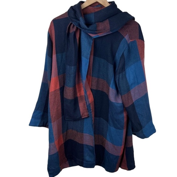 Soft Surroundings sz  Lg Blue & Rust Plaid Shacket with Built in Scarf - Picture 4 of 4